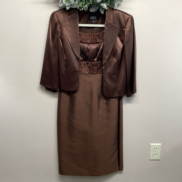 Adrianna Papell Occasions Dress with Jacket Silk Embroidered Beaded Brown 2 - Picture 1 of 16